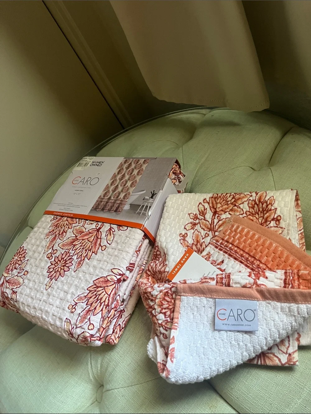 Caro Home Jasmine Coral Floral Waffle Weave Set in 100% Cotton Women Owned NWT